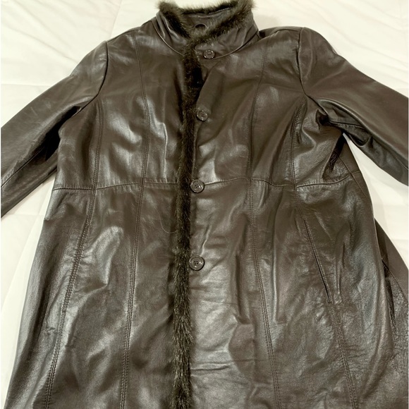 π» Very Chic Genuine Leather Coat, Full Knee Length, Fur Trim, Brown. L, Large - Picture 1 of 12